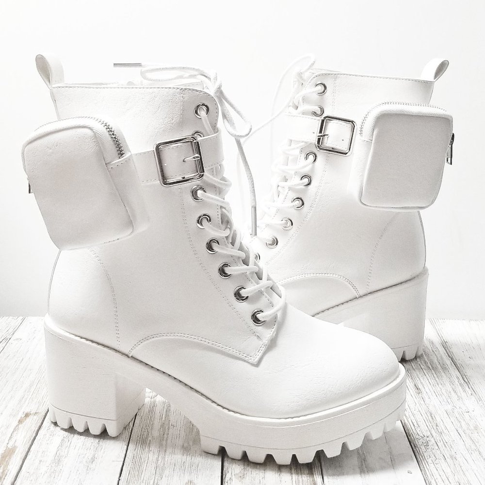 New Women White Pouch Lace Up Platform Combat Military Ankle Boots Booties